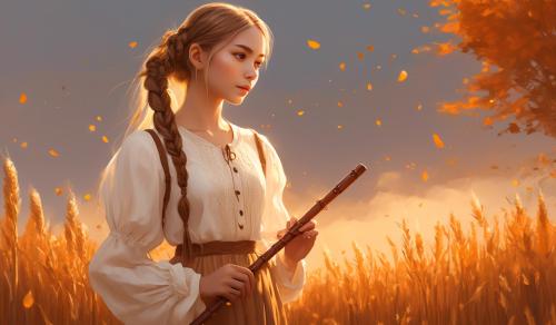  A woman stands on a farm, wearing a white blouse with delicate lace detailing. She has  two pigtails, holding a wooden flute in her hands. On a golden-orange autumn evening, out in the fields, whose brown, golden grain is about to be harvested., 1girl, twin braids,(masterpiece:1.3), (best quality:1.3), official art, Super Detailed, High Detail, Soft Lighting, 8K, High Resolution, High Detail Skin, Perfect Skin, RAM Photo, Real Photo,