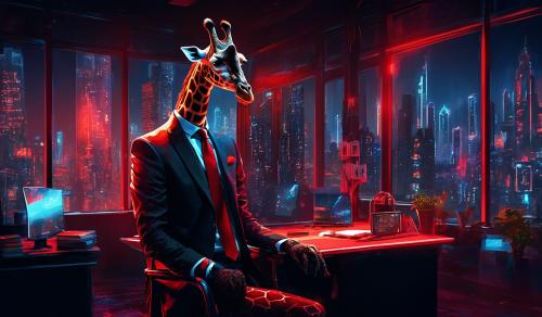 mister Giraffe in his Office wearing a black suit with a red tie. glass Windows Show the cyberpunk City at night 