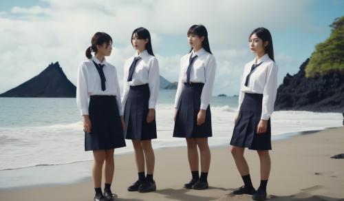 A group of adult Japanese girls in school uniforms with white blouses stand desperately close together with a stewardess on the beach of a lonely volcanic island.