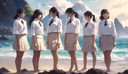 A group of adult Japanese girls in school uniforms with white blouses stand desperately close together with a stewardess on the beach of a lonely volcanic island.