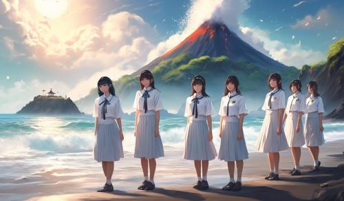 A group of adult Japanese girls in school uniforms with white blouses stand desperately close together with a stewardess on the beach of a lonely volcanic island.