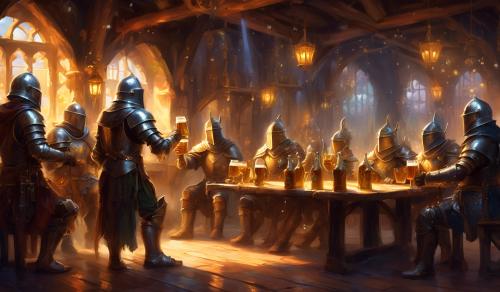 Knights clinking beer mugs in a tavern