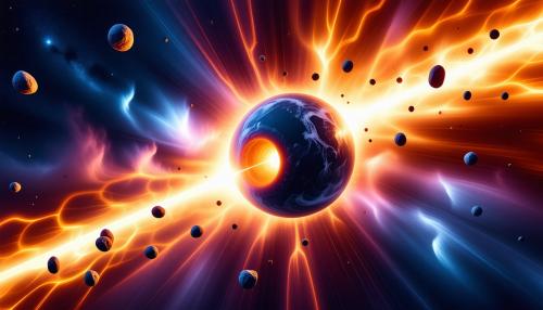 Draw  a dramatic, artistic representation of a celestial object, likely a black hole or a collapsing star, surrounded by fiery, electric energy and scattered debris or asteroids. The vibrant colors—fiery oranges, reds, and purples against a deep blue space background—suggest a cosmic event, possibly the formation or destruction of a massive astronomical body.