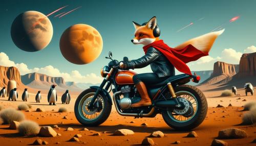 draw a vibrant and imaginative photographic image! It depicts a fox riding a motorcycle wearing a helmet across a desert-like alien landscape, wearing a leather jacket and a red scarf flowing in the wind. In the background, there are multiple planets or moons in the sky, including a large orange one and a smaller blue-green one, along with streaks of red meteors or shooting stars. The scene also features several penguin-like creatures walking on the ground and a raccoon-like animal in the foreground, adding to the surreal, otherworldly atmosphere. The colors are rich and dramatic, with a warm, reddish-orange hue dominating the sky and landscape. There is cosmic storm in the background