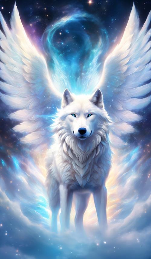 perceptive, silent, white, majestic, wolf, spirit animal, with angel wings and a bright energized aura surrounding it 