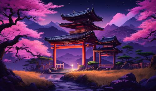 Genera un fondo de pantalla de un paisaje estilo japones antiguo anime, con colores suaves y relajantes, morados, rosados, de noche o en atardecer, con arboles y arquitectura