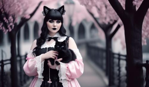 Curvy sweet Gothic Lolita in romantic black, white and pink Gothic clothing with lots of lace, white silk and lace blouse, cat ears and a cute stuffed animal in her arms.