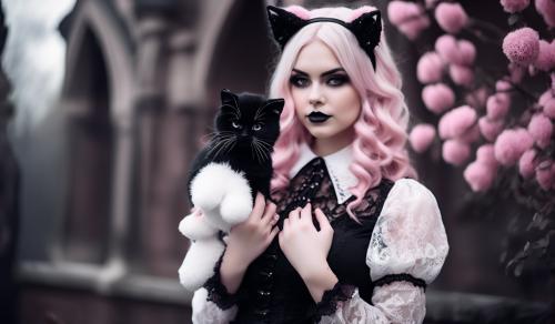 Curvy sweet Gothic Lolita in romantic black, white and pink Gothic clothing with lots of lace, white silk and lace blouse, cat ears and a cute stuffed animal in her arms.