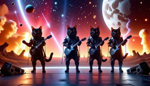 Draw  an image of a rock band of 4 black cats dressed in shiny heavy metal gear performing on a spotlit stage with platforms on a fiery planet with multiple celestial bodies above and Jupiter behund in the background along with cosmic storms and quasars