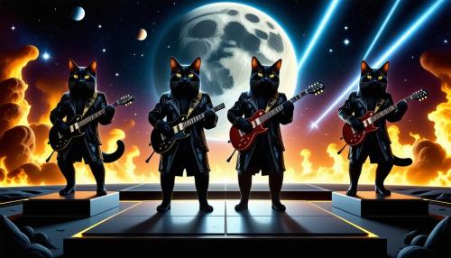 Draw  an image of a rock band of 4 black cats dressed in shiny heavy metal gear performing on a spotlit stage with platforms on a fiery planet with multiple celestial bodies above and Jupiter behund in the background along with cosmic storms and quasars. Each cat has a different outfit and instrument