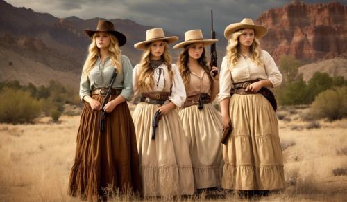 1866 in the Western World: Four young, curvy women are looking for a new home together in the American West. First, there is the cowgirl with a long, wide country skirt, long, wavy, blonde hair, tight sleeveless dresses, and a Winchester 66 rifle. She wears a wide leather belt with a revolver and knife. On her head, she has a cowboy hat. She wears a pearl necklace around her neck. Second, there is a young Native American woman. The third is a runaway slave, an African-American woman with long, black hair, and last, there is a saloon girl with a corset and nostalgic riding underwear with lots of lace.