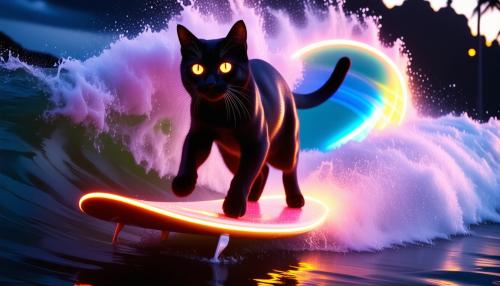 Draw Central Figure – The Black Cat:A large, striking black cat with luminous amber eyes stands on its hind legs, exuding a fierce and dynamic energy as it 