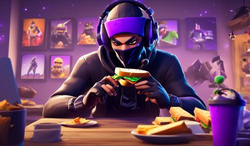 Raven from fortnite playing video games while eating a sandwich and wearing a gaming headset on his head