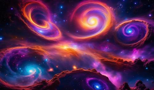 Draw This image depicts a fantastical cosmic scene featuring what appears to be two black holes surrounded by vibrant, colorful nebulae and clouds of gas. The black holes are shown as dark, circular voids at the center, with swirling, glowing energy and light emanating around them. The colors range from deep purples and blues to bright pinks, oranges, and whites, creating a surreal and otherworldly atmosphere. The background is a starry night sky, adding to the sense of being in deep space.From a scientific perspective, while the image captures the mysterious and awe-inspiring nature of black holes, it takes some artistic liberties. Real black holes don’t emit light directly since they have such strong gravity that even light cannot escape. However, the glowing effects could represent an accretion disk—material spiraling into the black hole, heating up, and emitting radiation as it gets compressed. The depiction of two black holes so close together might suggest a binary black hole system, which can exist and eventually merge, producing gravitational waves, as detected by observatories like LIGO.an image that seems to blend scientific concepts with artistic imagination, creating a visually stunning representation of a cosmic phenomenon.