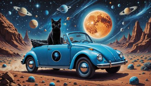 draw an early 70's bright blue convertible volkswagon bug driven by a black cat with silver mirror reflective sunglasses and wearing a space suit driving in the universe between stars, comets and planets with a cosmic storm and black hole in the background