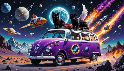 draw an late 60's bright neon purple and white convertible volkswagon bus with wings and rockets driven by a black cat with silver mirror reflective sunglasses and wearing a space suit driving in the universe between stars, comets and planets with a cosmic storm and black hole in the background surrounded by frozen space objects with flames coming off the tires and tailpipe