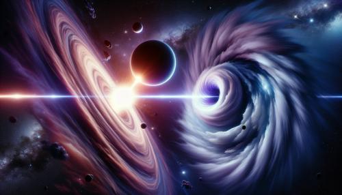 Draw an image that depicts a dramatic cosmic scene featuring two celestial bodies—likely planets or moons—colliding or in close proximity, with a fiery explosion between them. Surrounding this event are two swirling, vortex-like structures, one on the left with a purple and white glow, and another on the right with a blue hue, resembling black holes or wormholes. The background is a deep space setting with a dark blue and purple color palette, giving the scene a surreal, otherworldly atmosphere.