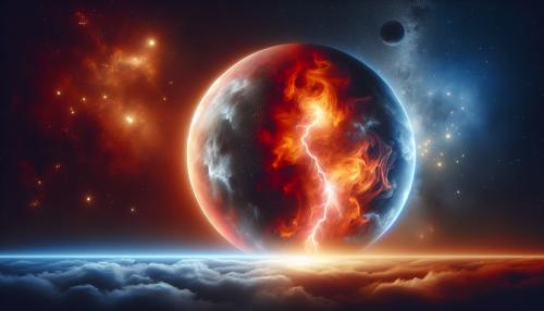 This image depicts a surreal cosmic scene with a planet-like object split into two contrasting halves: one side is fiery red with lightning and swirling energy, while the other is cool blue with a starry backdrop. The fiery side has dramatic clouds and intense energy, while the blue side features a smaller celestial body, possibly a moon or star, in the distance. It’s a striking, artistic representation of duality in a space setting.