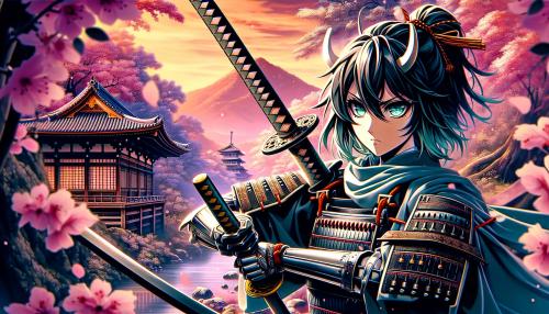 Anime japan girl in full armor samurai with katana psycho motywe scenerio japan 