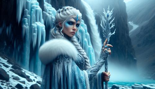 A ice witch looking forward, with a ciff and waterfall behind her. 