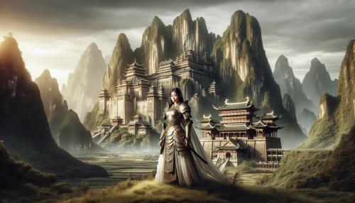 A warrior princess in front of a cliff with a castle on top.