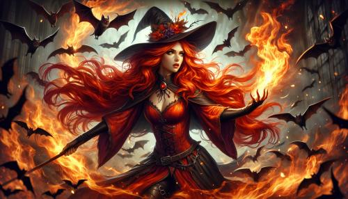 A fire witch with long red hair, fighting off some bats.