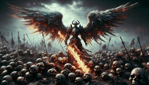 Demon skulls spread all over the ground, with a warrior angel with flaming sword.
