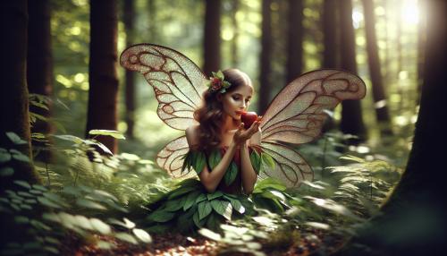A pretty wood fairy eating an apple.