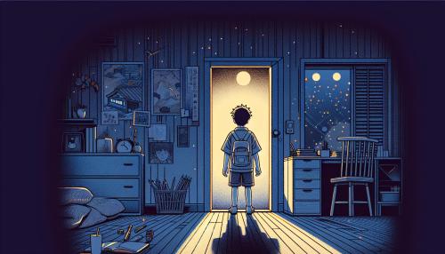 un niño entrando a su habitación de noche ,que el niño este de espaldas en la puerto de su habitación 