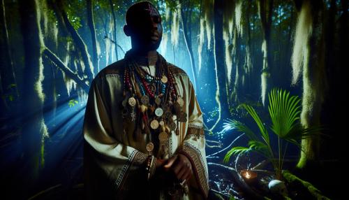 A voodoo priests in the woods at night. 