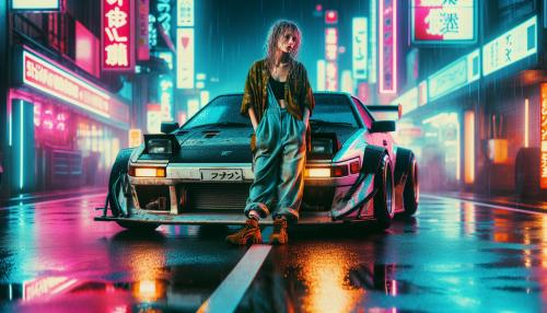 Beautiful mixed race women with dirty blonde hair leaning against a japanese street racing car. The women and the car to the right handside of the image. The image is taken looking straight down a neon lit street, while its raining and the womens normally baggy clothes clings to her body from being wet