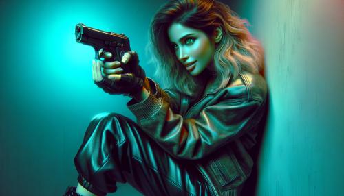 Beautiful women mid range close up of her side profile, she is holding her pistol up in front of her face. She has dirty blonde hair, bright green eyes, with a cheeky smirk. Shes crouched behind cover under fire. In her leather trousers and baggy jacket clothing. Shes about to make the final push