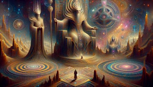 Ancient Anunnaki stand over thir majestic thrones beholding wisdom of the universe to small human race. Huge hallucinating sacred geometry