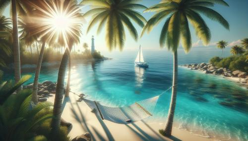 playa tropical ,con palmeras,una hamaca colgada, al fondo un velero, con un faro, sol radiante