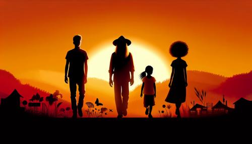 imagen fondo naranja de atardecer en el que se vea caminando a un adolescente de 15 años, con un hombre mayor de pelo largo en el centro y una niña de 7 años con pelo rizado a la derecha, las figuras de las personas se ven oscuras porque esta en contraluz