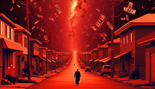 a man walking a  long street with galaxy red colors and residential areas while the money rains, a lot of detail effects