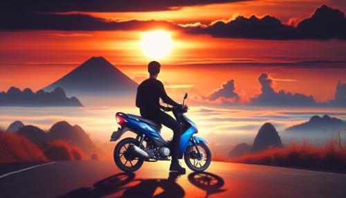 une Derbi (50cc) bleu avec une personnes habillés tout en noir avec un couché de soleil derrière