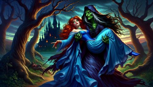 una bruja malvada cargando a una princesa pelirroja en brazos llevendola hacia el bosque oscuro 