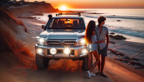 a landcruiser prado near the beach at a sun setting time on the road with all light are running and a girl and a boy is standing infront of the prado with keepin the hand of the boy on the girl's shoulder