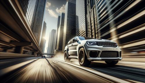 white grand cherokee track hawk racing in a city 