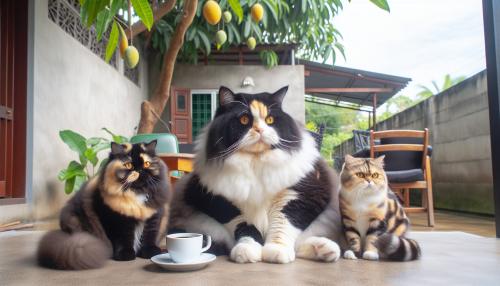 un gato negro peludo de ojos amarillos, una gata carey dorada pequeña peluda y una gata gorda grande con manchas de leopardo marrones con marron claro y mucho blanco tomando café en un patio que tiene un árbol de mango al fondo