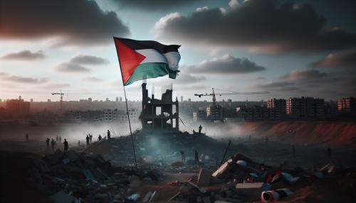Una bandera de Palestina ondeando entre las ruinas de Gaza