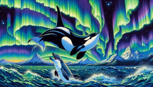 Orca with tursiops with Northern light in the sky