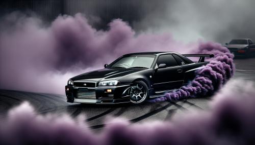 a black nissan skilyne drifting and puffing purple tire smoke