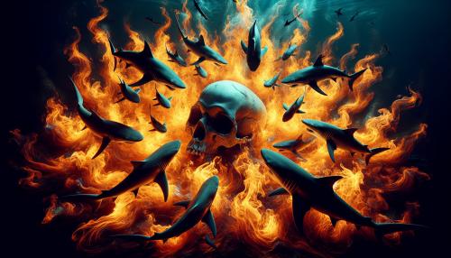 skull with sharks around swiming in fire