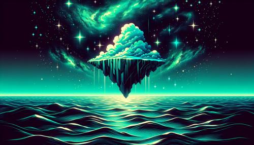 Isla flotante en un cielo galactico en un mar verde azulado