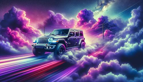 Aggressive SRT Jeep driving on a cloud path under a purple, starlit sky, surreal and dreamlike, with a gentle glow