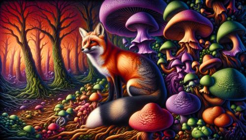 a black and red fox surrounded by purple and green mushrooms in a forest