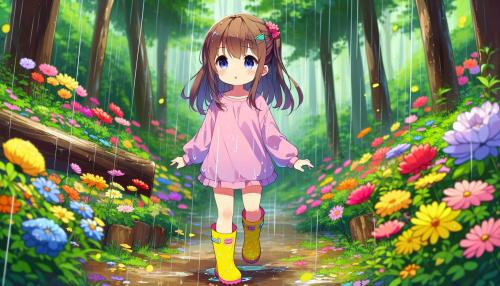 little girl walking in a flower forest in a rainy day