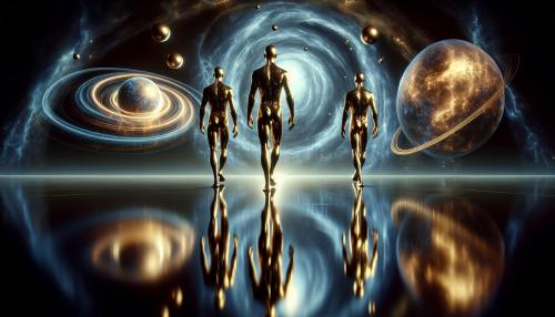 Draw an image that depicts three golden humanoid figures standing in a reflective, dark environment. Above them, a swirling cosmic background with blue rings and floating spheres creates a celestial atmosphere. The figures appear to be walking or posing symmetrically, with their reflections visible on the glossy surface beneath them. The overall scene suggests a futuristic or otherworldly theme.